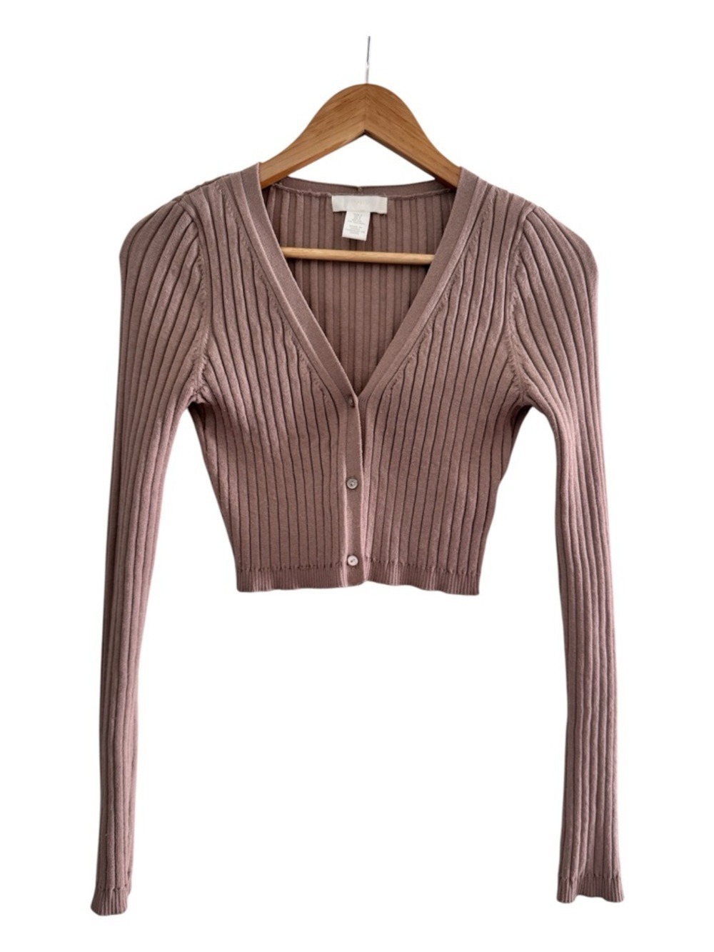 H&M Rib Knit Cropped Cardigan Dusty Nude Button Front